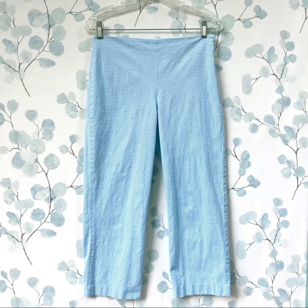 Brooks Stretch Light Blue White Plaid Check Seersucker Cropped Capri Pants